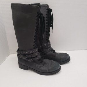 ASH Tall Leather Black Combat RAY Boots Full Zipper & Lace Up Studds 36